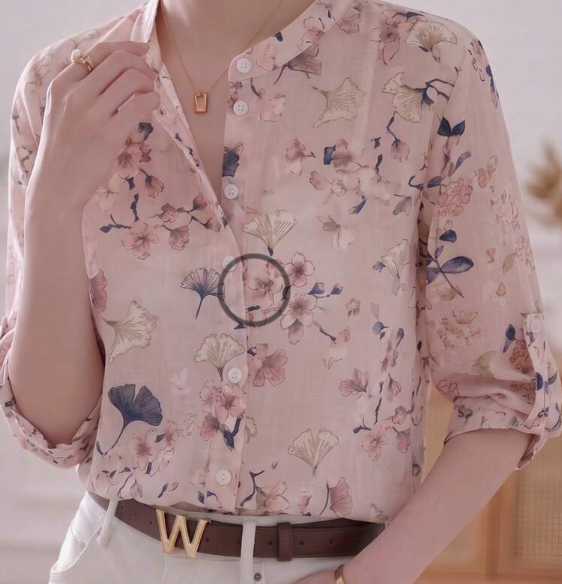 YUXIN Women's Soft Misty Blue Watercolor Floral Print Stand Collar 3/4 Sleeve Blouse | Breathable Blended Rolled Cuff Slim Fit Office/Vacation Top, Spring/Summer Pink