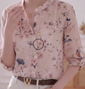 YUXIN Women's Soft Misty Blue Watercolor Floral Print Stand Collar 3/4 Sleeve Blouse | Breathable Blended Rolled Cuff Slim Fit Office/Vacation Top, Spring/Summer Pink