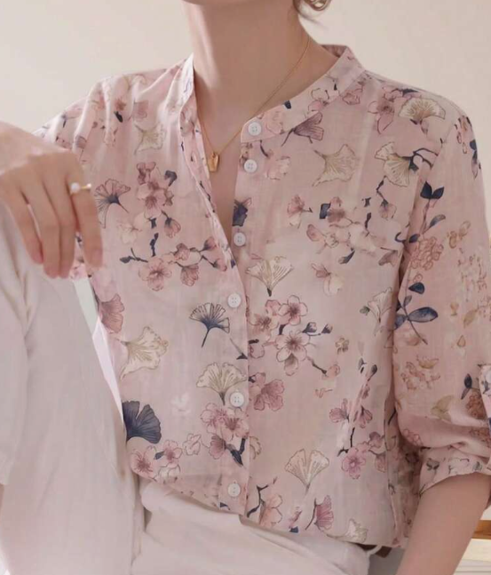YUXIN Women's Soft Misty Blue Watercolor Floral Print Stand Collar 3/4 Sleeve Blouse | Breathable Blended Rolled Cuff Slim Fit Office/Vacation Top, Spring/Summer Pink