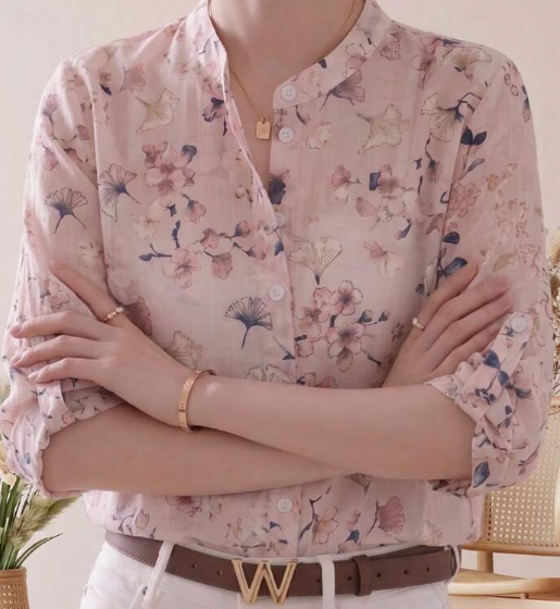YUXIN Women's Soft Misty Blue Watercolor Floral Print Stand Collar 3/4 Sleeve Blouse | Breathable Blended Rolled Cuff Slim Fit Office/Vacation Top, Spring/Summer Pink