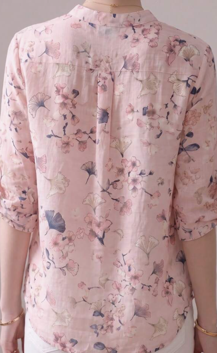 YUXIN Women's Soft Misty Blue Watercolor Floral Print Stand Collar 3/4 Sleeve Blouse | Breathable Blended Rolled Cuff Slim Fit Office/Vacation Top, Spring/Summer Pink