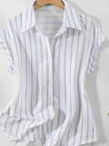 This Casual And Fashionable Women's Striped Polyester Shirt Features A Button-Up Collar, Short Batwing Sleeves, And A Front-Short-Back-Long Regular Length Design.