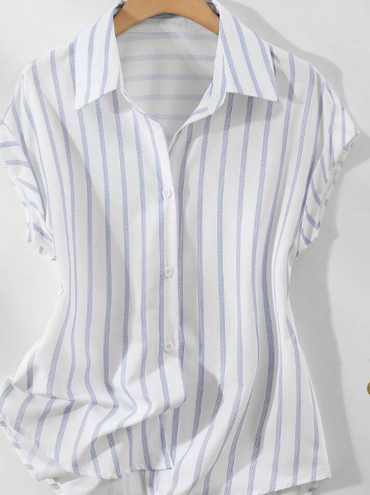 This Casual And Fashionable Women's Striped Polyester Shirt Features A Button-Up Collar, Short Batwing Sleeves, And A Front-Short-Back-Long Regular Length Design.