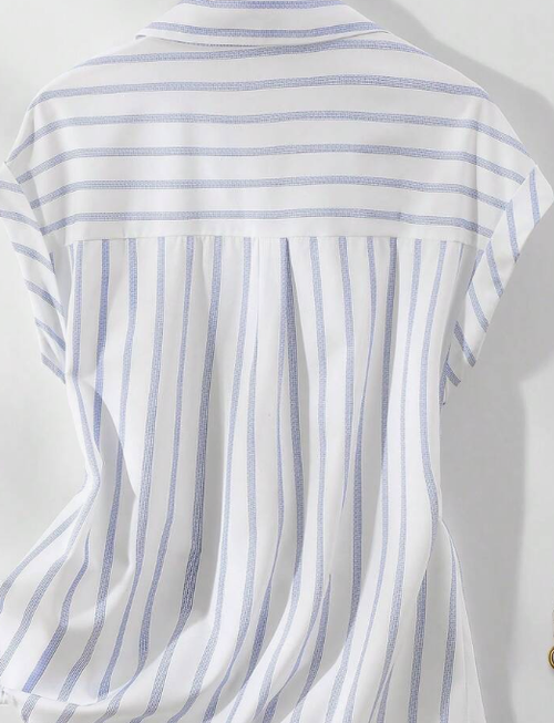 This Casual And Fashionable Women's Striped Polyester Shirt Features A Button-Up Collar, Short Batwing Sleeves, And A Front-Short-Back-Long Regular Length Design.
