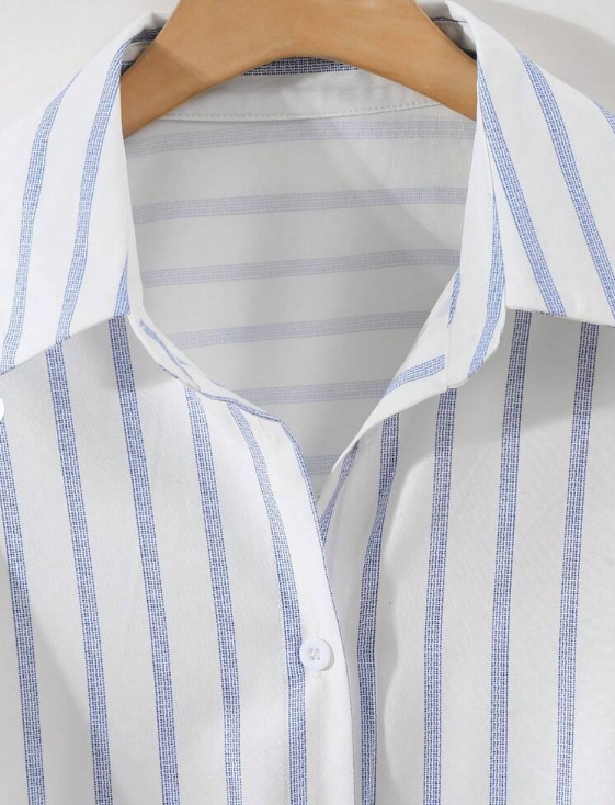 This Casual And Fashionable Women's Striped Polyester Shirt Features A Button-Up Collar, Short Batwing Sleeves, And A Front-Short-Back-Long Regular Length Design.