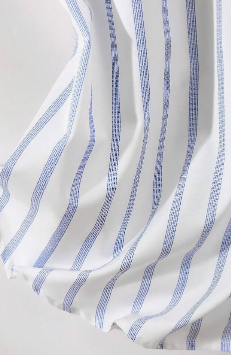 This Casual And Fashionable Women's Striped Polyester Shirt Features A Button-Up Collar, Short Batwing Sleeves, And A Front-Short-Back-Long Regular Length Design.